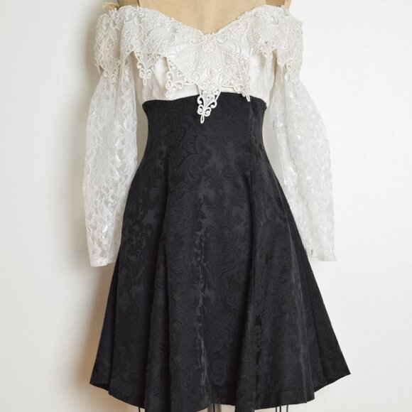 vintage 80s party dress black brocade white crochet lace off shoulder prom XS S - Picture 2 of 9